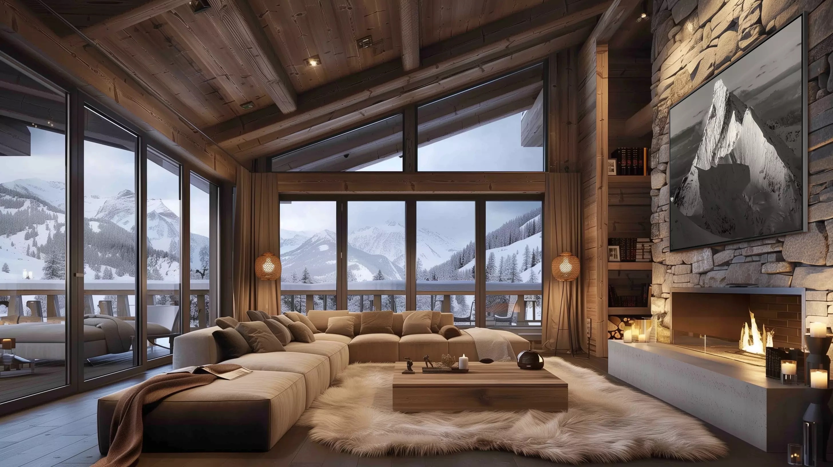 Warm luxury chalet interior with fireplace and family atmosphere